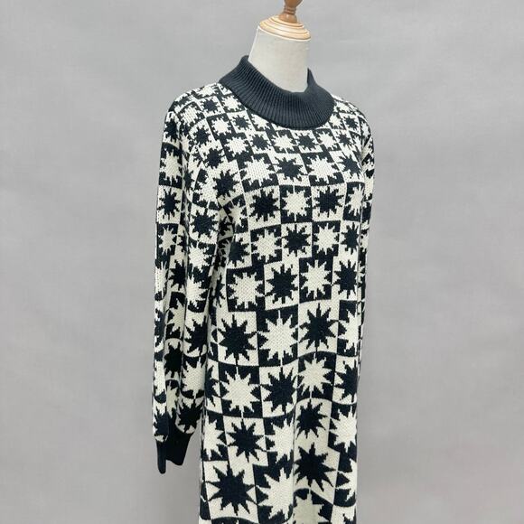 Farm Rio Black & White Starburst Mock-Neck A-Line Midi Sweater Dress Size Large - Picture 10 of 16